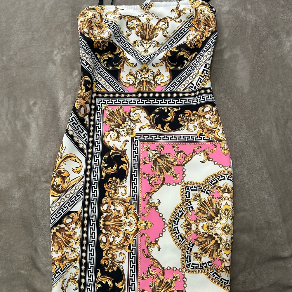 Guess by Marciano Strapless Dress in Black, Gold, and Pink